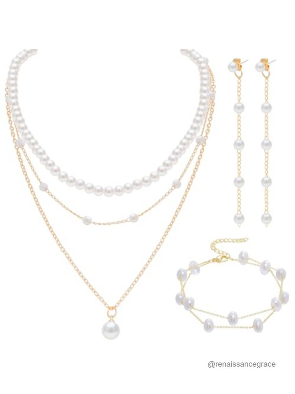 Gold Plated Pearl Jewelry Set with Choker Necklace, Earrings, Bracelet